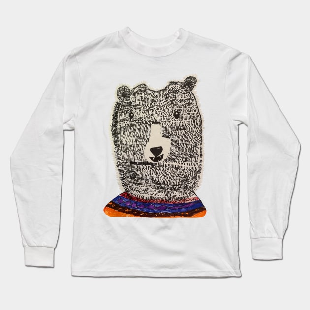 Fuzzy bear face kids art Long Sleeve T-Shirt by LeanneTalbot